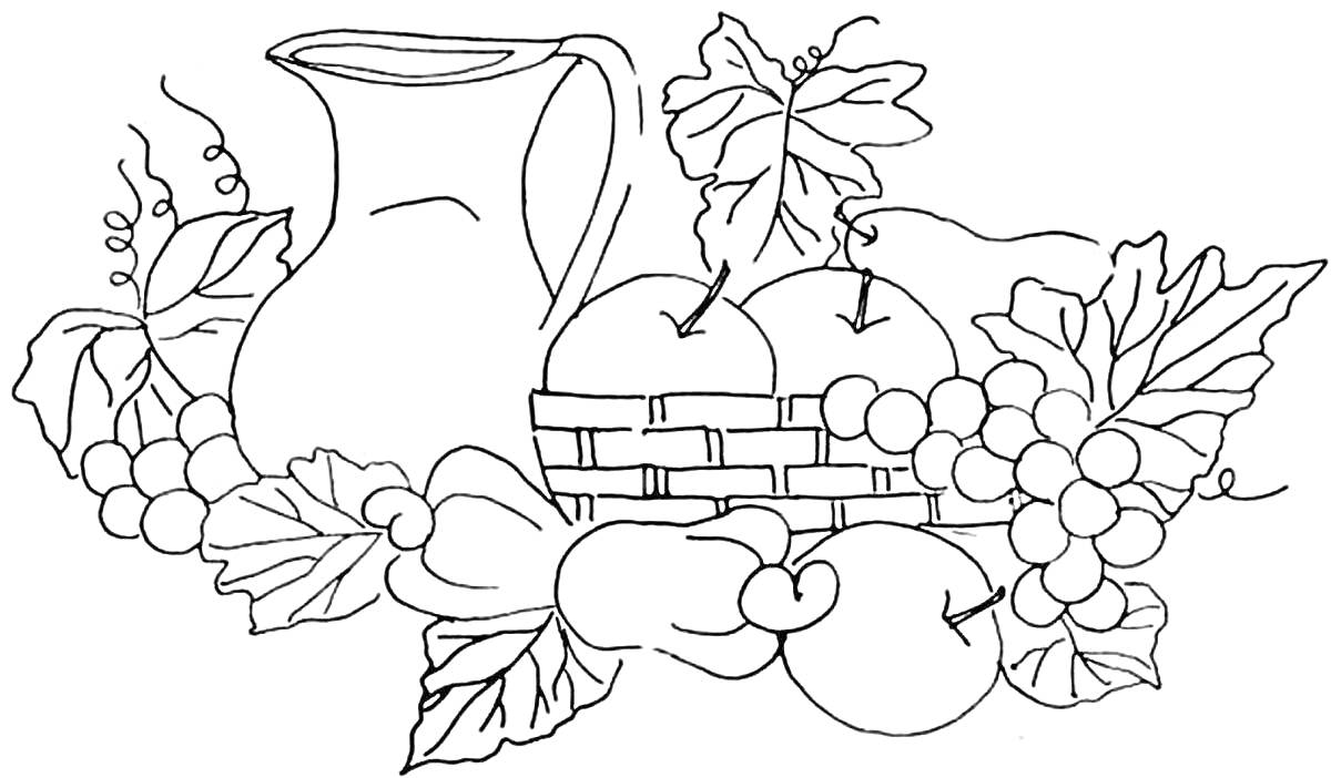 Раскраска Кувшин, корзина с яблоками, виноградом и сливами