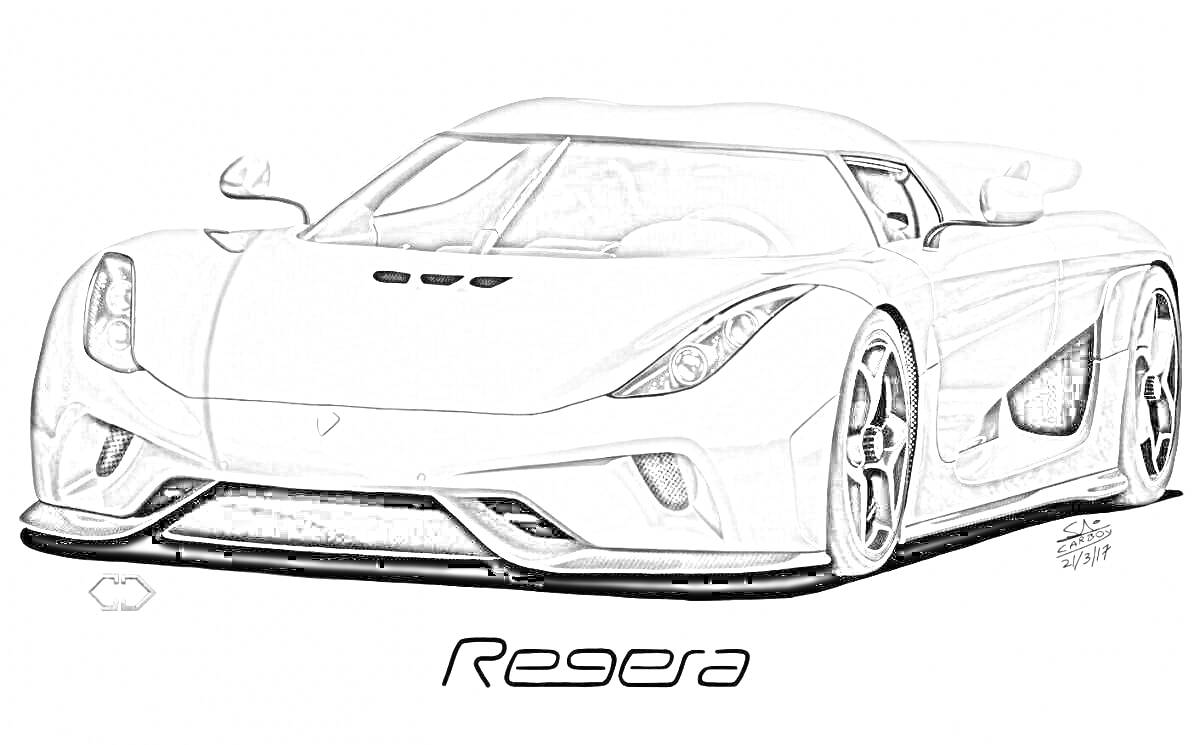 Раскраска Koenigsegg Regera с передним видом и логотипом в левом нижнем углу