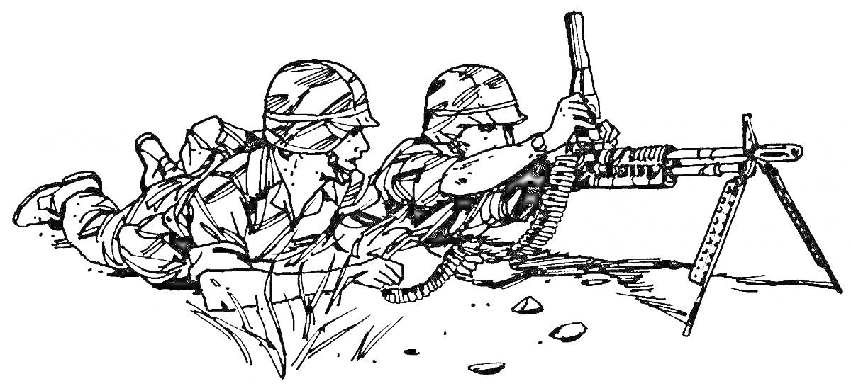 Раскраска Солдаты в камуфляже с винтовками и пулеметом, лежащие на земле