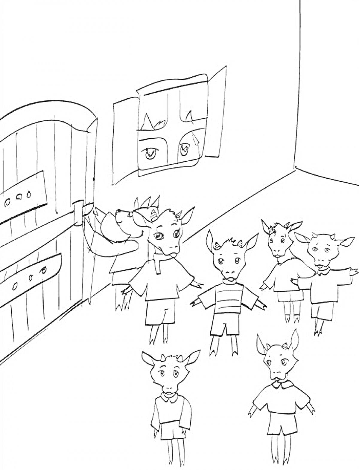 На раскраске изображено: Семеро козлят, Волк, Дверь, Звери