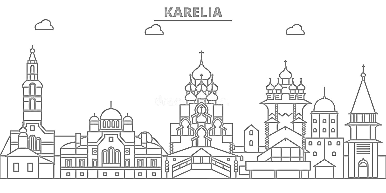 На раскраске изображено: Карелия, Церкви, Православие, Архитектура, Достопримечательности, Облака, Линия горизонта