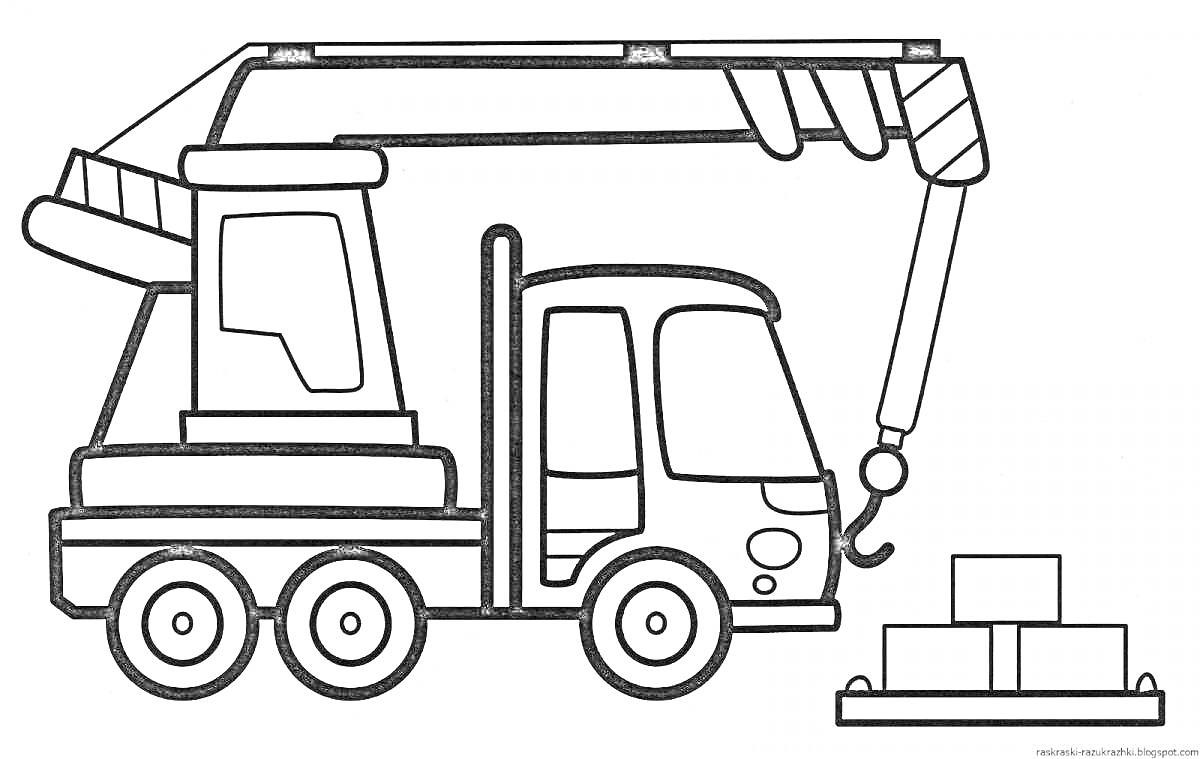 На раскраске изображено: Подъемный кран, Кран, Стрела, Блоки, Груз, Строительная техника, Для детей 3-4 лет