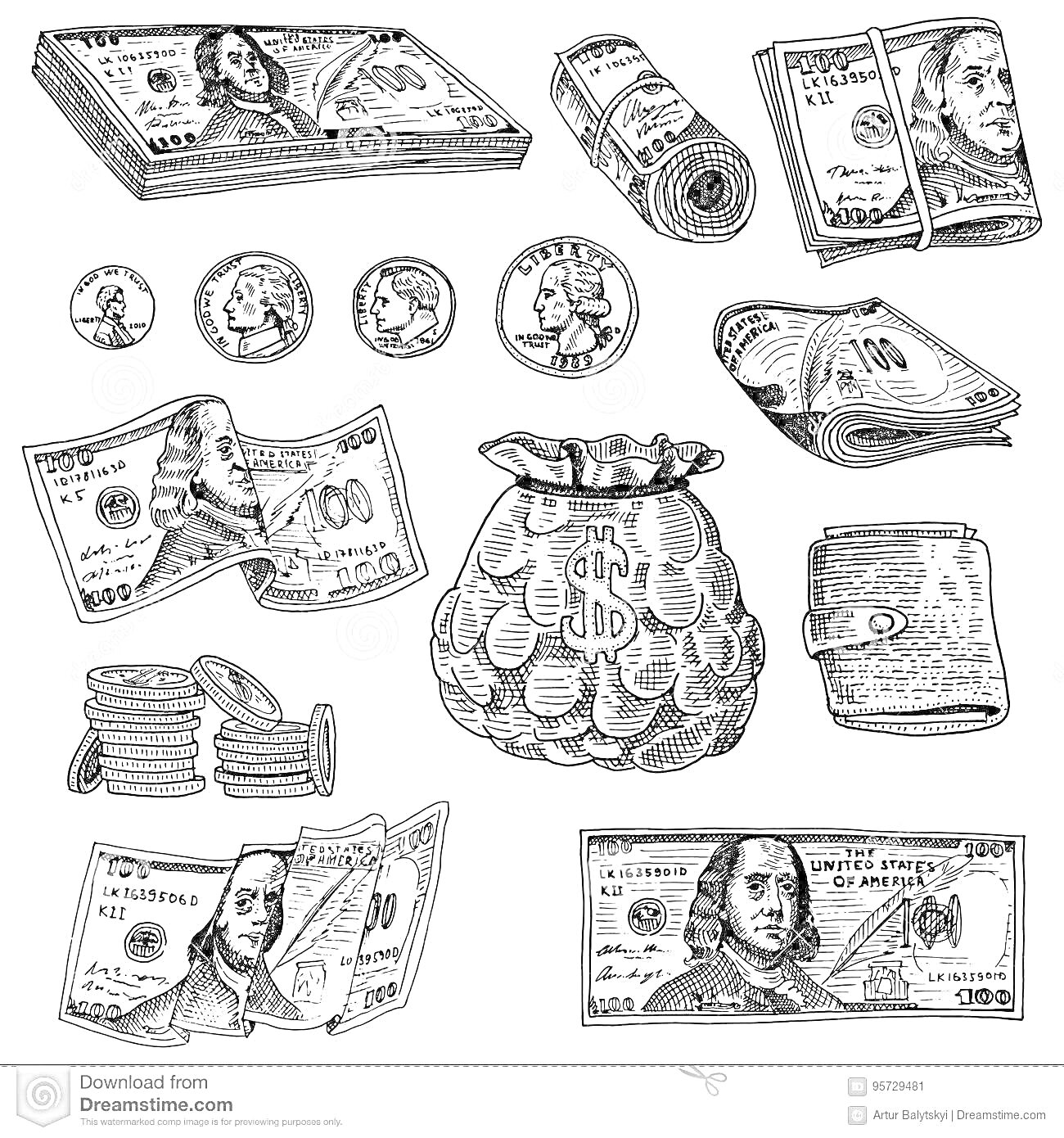 На раскраске изображено: Деньги, Финансы, Монеты, Мешок с деньгами, Стопка монет, Наличные, Валюта