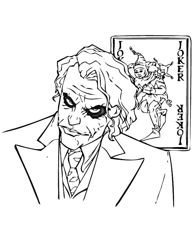 Раскраска Джокер с карты и изображение человека в костюме