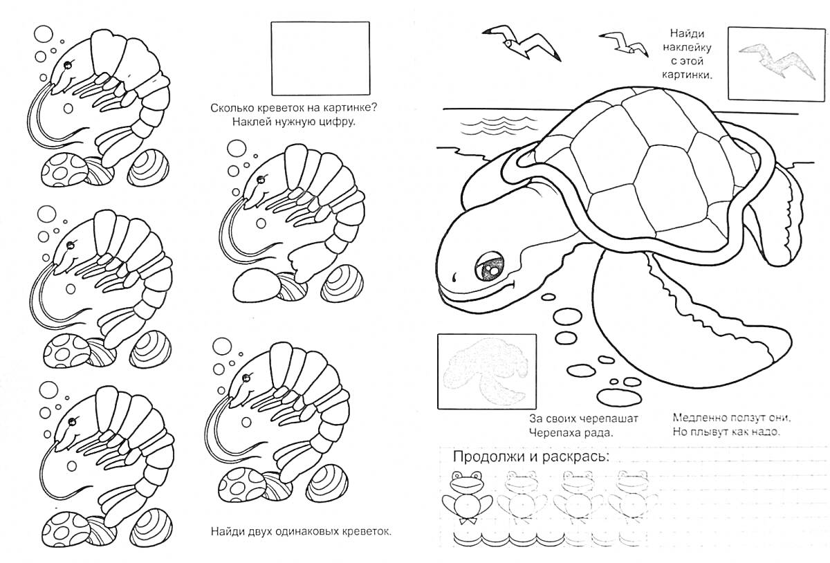 Раскраска Картинка с черепашкой и креветками