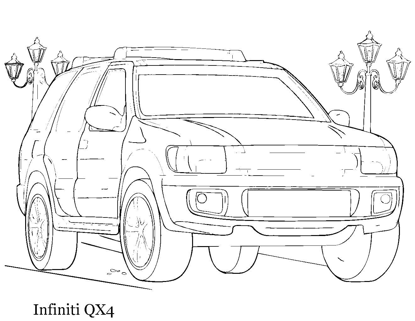 Раскраска Инфинити QX4 на фоне фонарных столбов