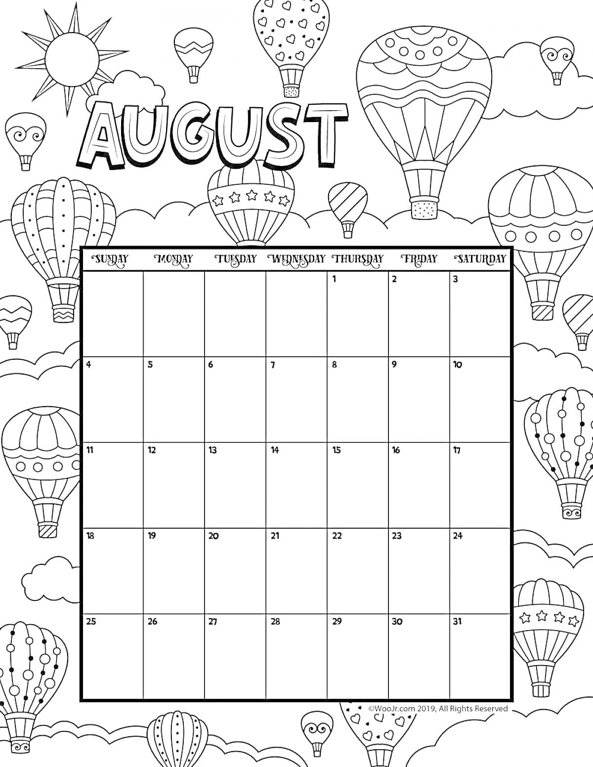 На раскраске изображено: Август, Воздушные шары, Календарь, Солнце, Облака