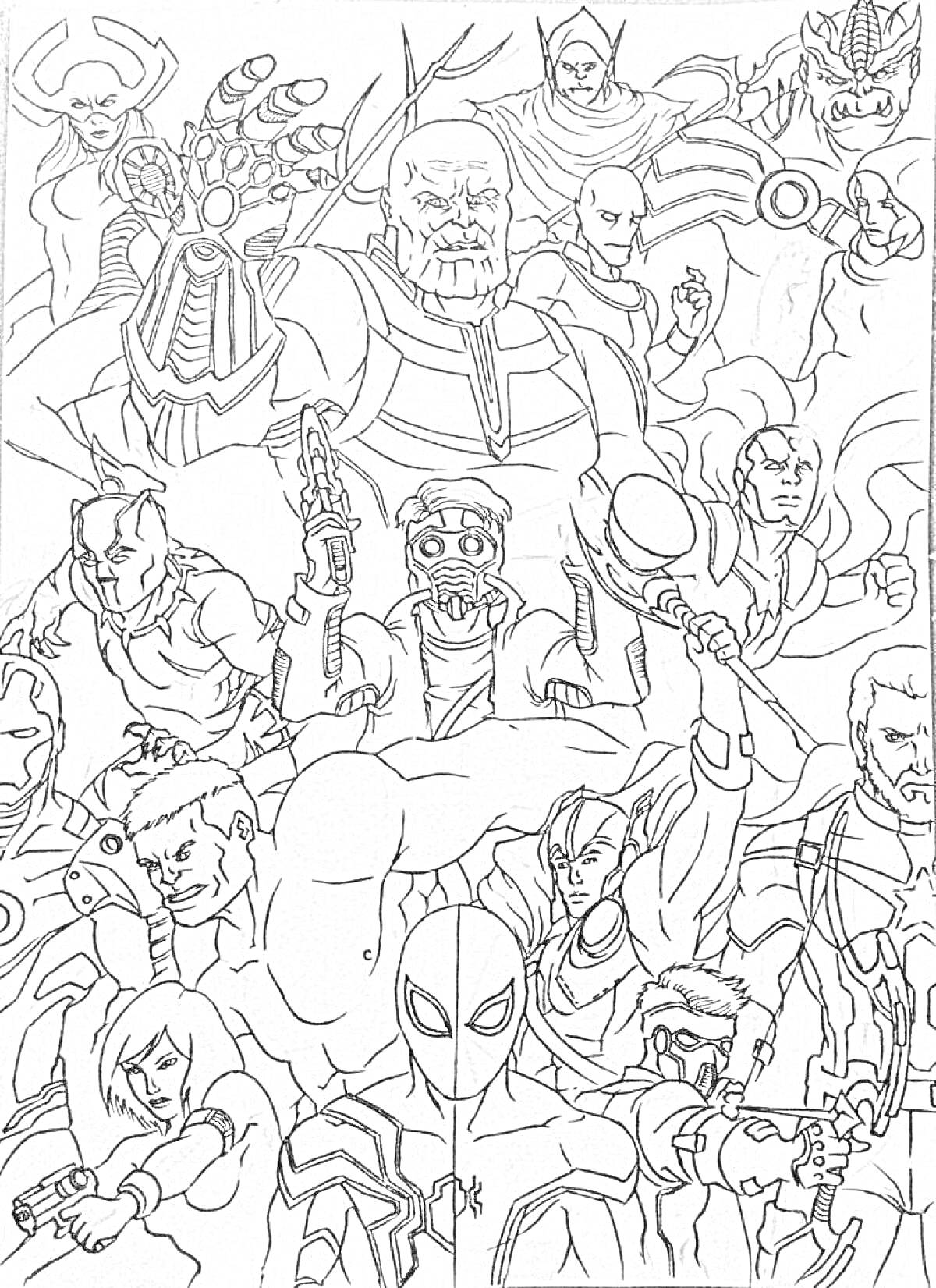 На раскраске изображено: Мстители, Война бесконечности, Супергерои, Злодеи, Комиксы, Танос, Человек-паук, Железный Человек, Черная Пантера, Черная вдова, Доктор Стрэндж