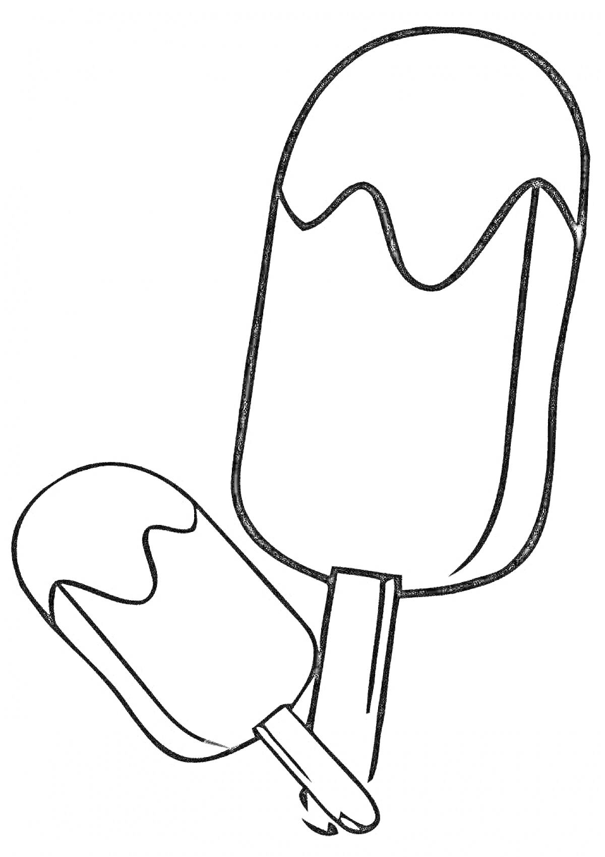 На раскраске изображено: Эскимо, Мороженое, Палочка, Глазурь, Капли, Десерты