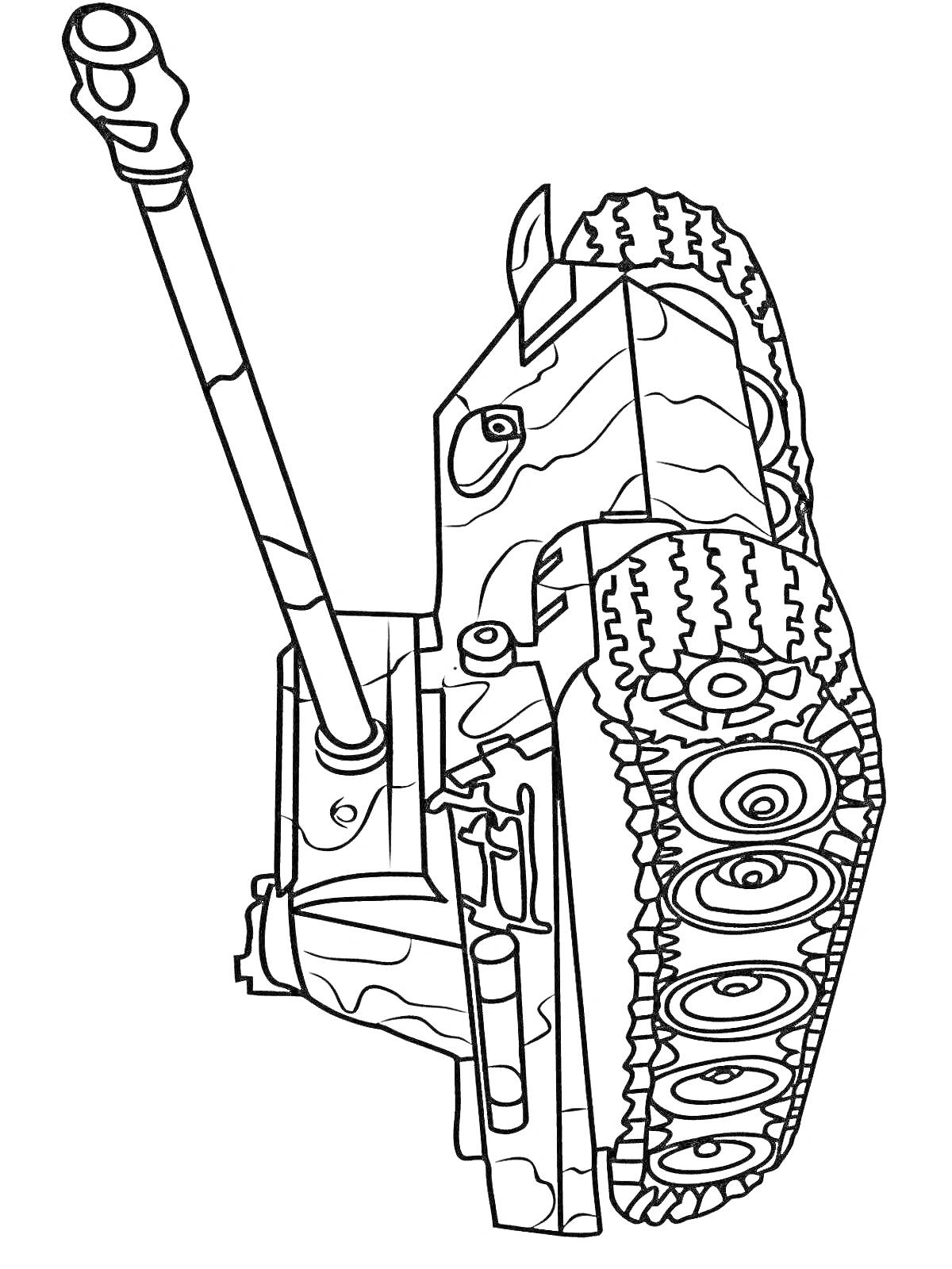 Раскраска Раскраска с изображением боевого танка Т-72, включая башню, пушку и гусеницы.