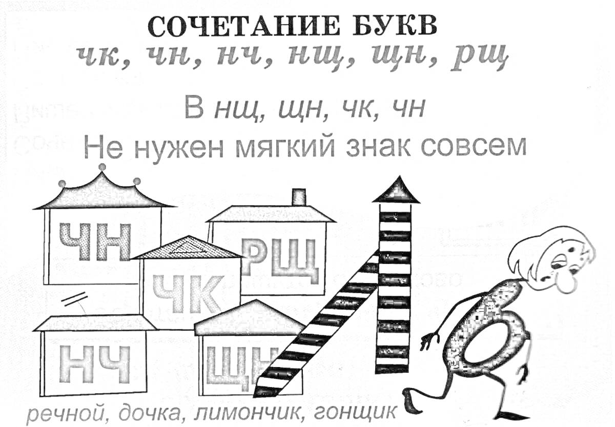 На раскраске изображено: Русский язык, Домик, Лестница, Персонаж, Мягкий знак