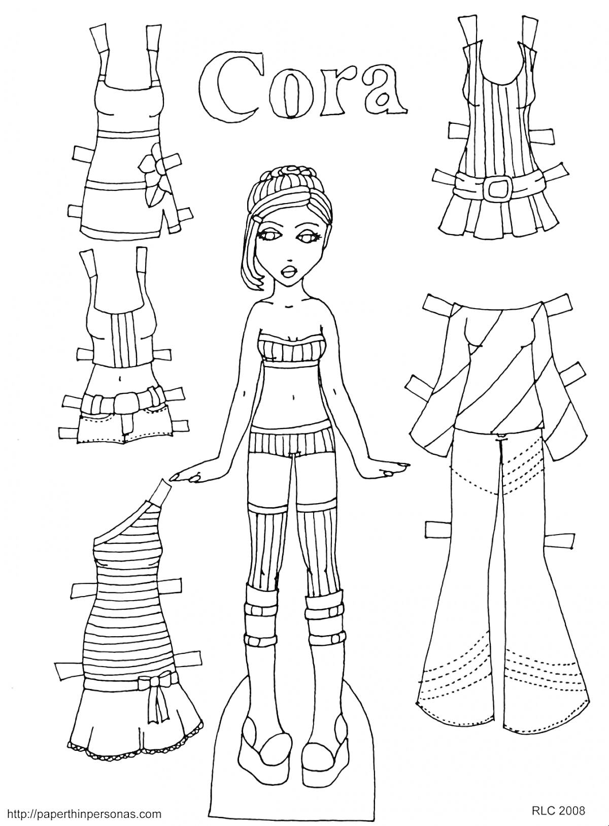 Раскраска Бумажная кукла с одеждой: сарафан, топ и юбка, футболка и брюки, топ и юбка в полоску, топ на одно плечо и юбка, длинные брюки