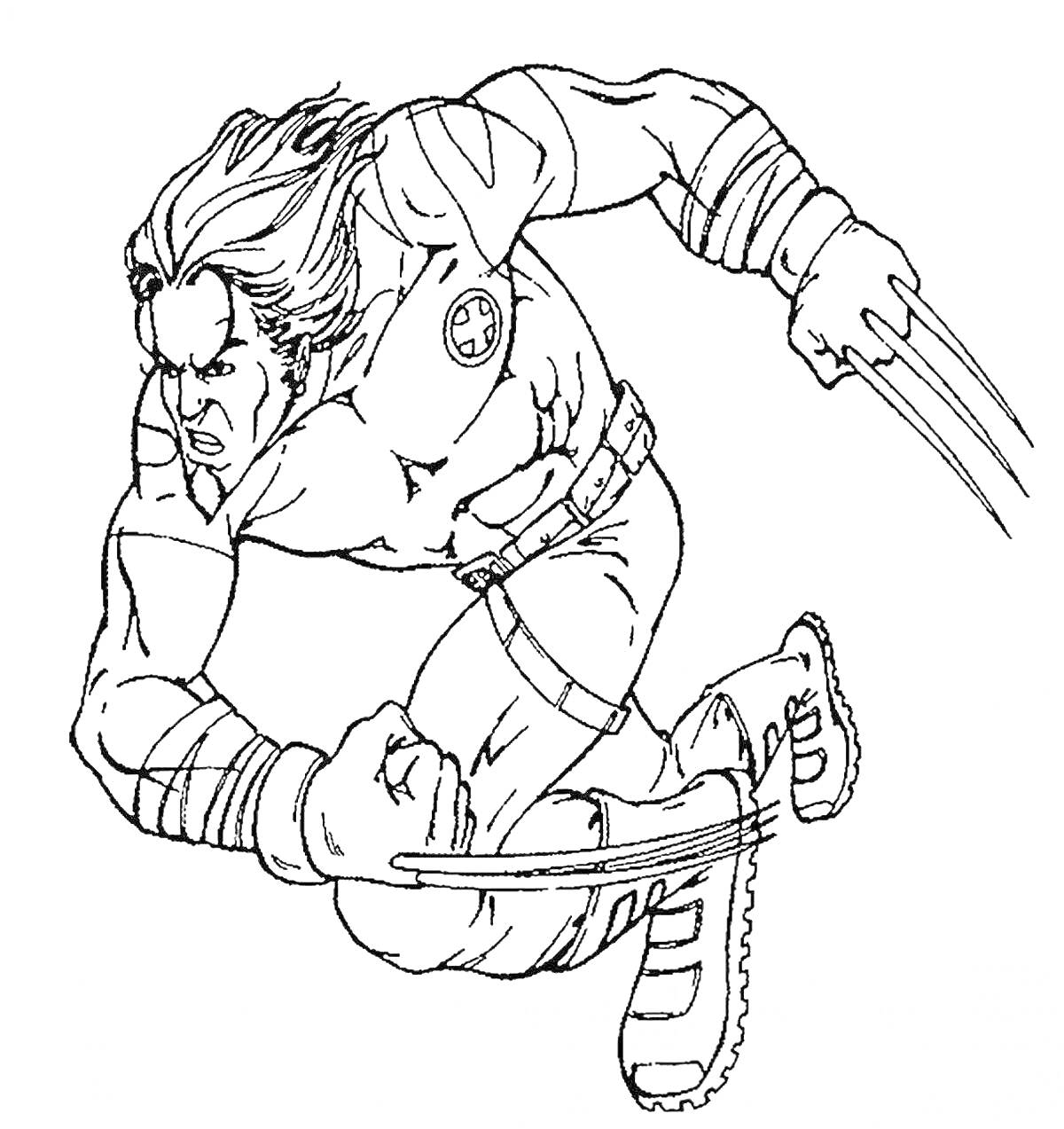 Раскраска Воин с когтями, в прыжке, с длинными волосами, с повязкой на руке, в костюме с ремнем