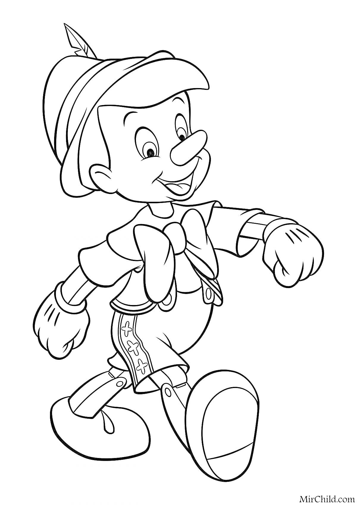 На раскраске изображено: Пиноккио, Мальчик, Шляпа, Улыбка, Шорты, Подтяжки, Бант