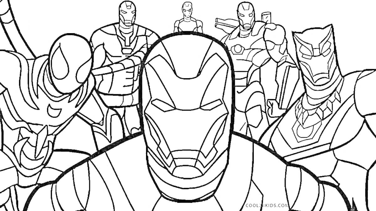 Раскраска Человек-Паук, Капитан Америка и другие супергерои в костюмах, Marvel герои, отряд супергероев готовится к бою