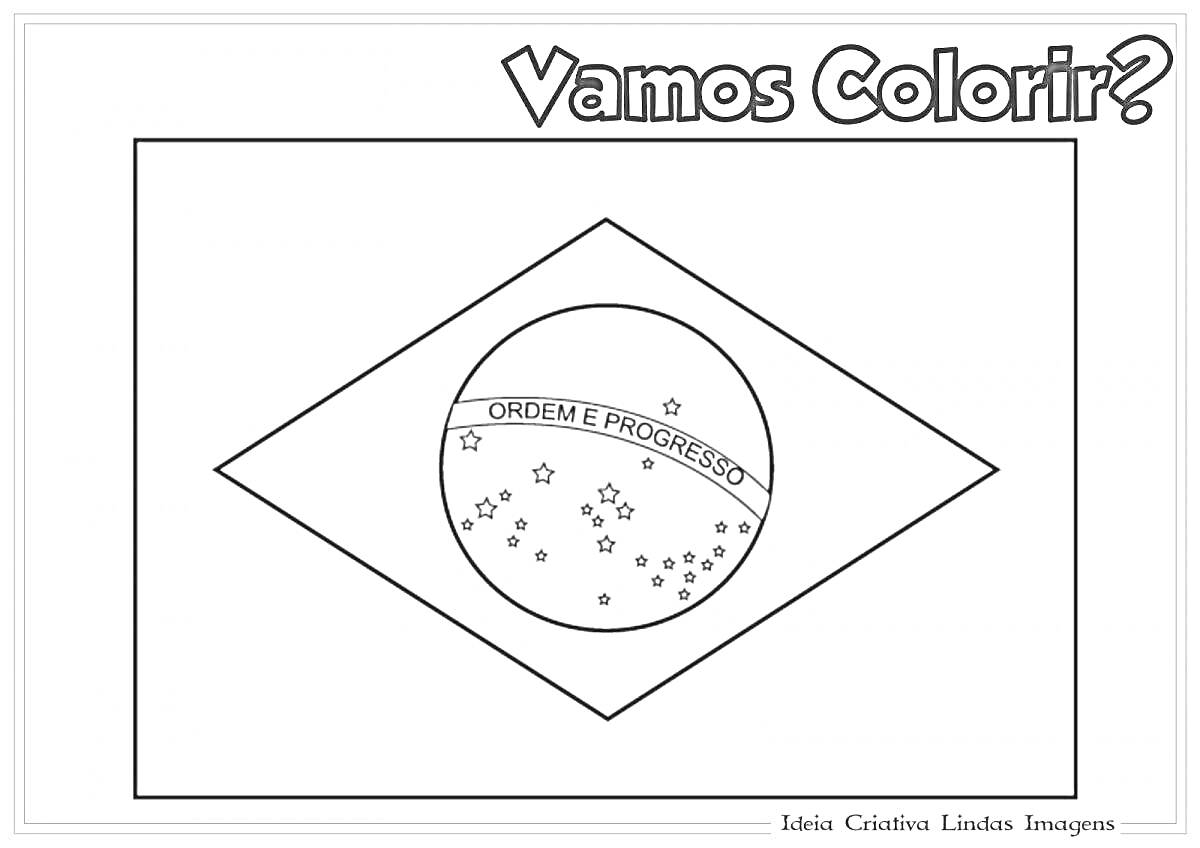 Раскраска Раскраска с изображением флага Бразилии, содержащая ромб с вписанным кругом, надпись Ordem e Progresso и звёзды