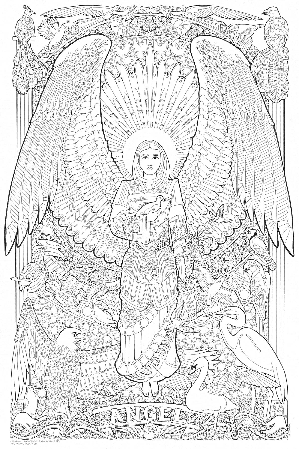 Раскраска Ангел среди птиц и перьев, держит книгу, с сиянием за ним, узор из перьев, четыре павлина наверху, два орла внизу, два лебедя рядом с ними