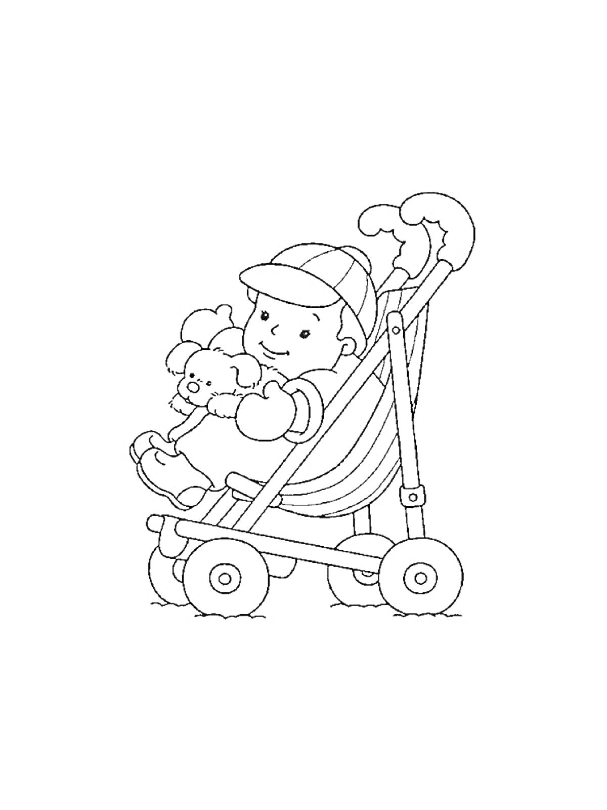 Раскраска Ребенок в коляске с игрушечной собачкой