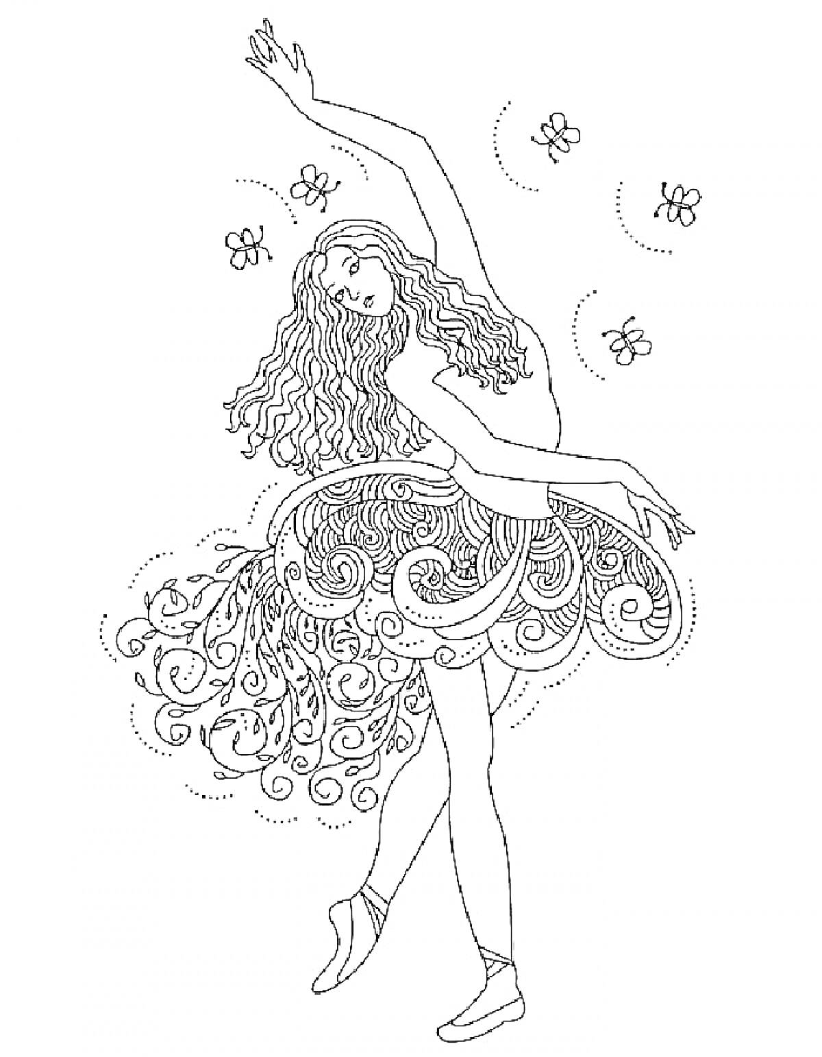 Раскраска Балерина с длинными волосами, фигурные узоры на платье, парящие бабочки.