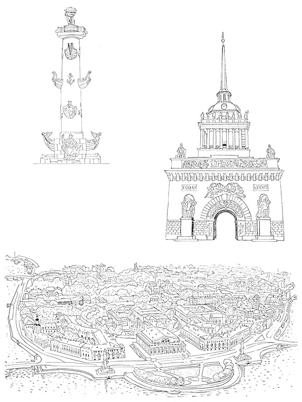 Раскраска Карта Санкт-Петербурга с изображением Ростральной колонны, Центрального военно-морского музея и панорамного вида города