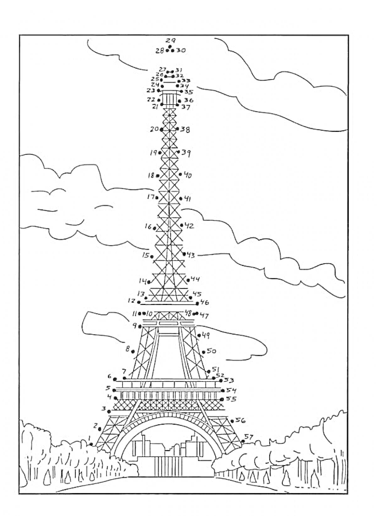 Раскраска Эйфелева башня с облаками и деревьями