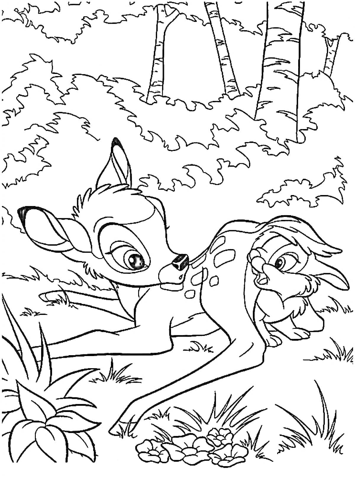 Раскраска Бэмби и кролик на лесной поляне с растениями и деревьями на заднем плане
