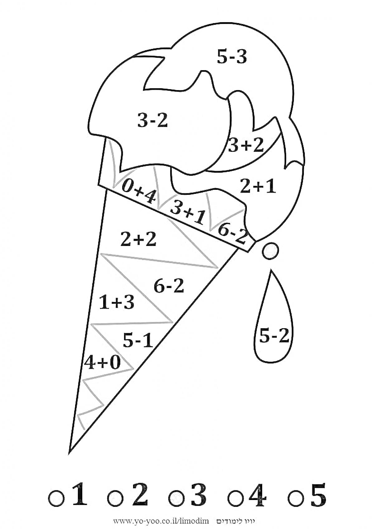 Раскраска Математическая раскраска для 2 класса с мороженым и арифметическими примерами