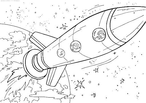 Раскраска Космический корабль с иллюминаторами в открытом космосе, Земля на заднем плане, звезды и планеты вокруг