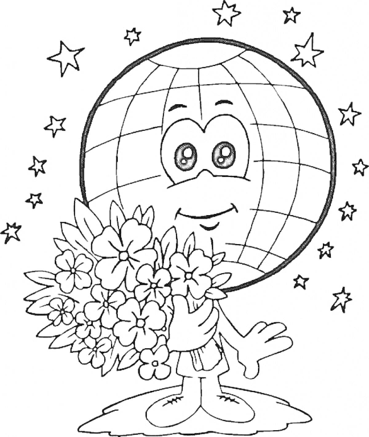 Раскраска Земной шар с букетом цветов среди звезд