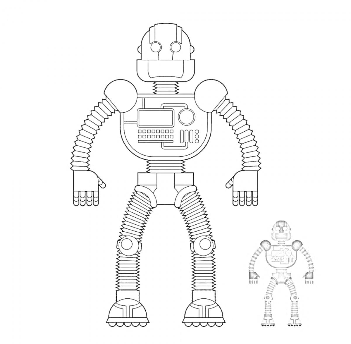 Раскраска Робот боксер с панелью управления на груди и гофрированными конечностями