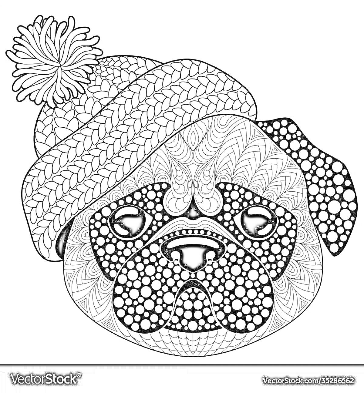 Раскраска Антистресс раскраска с мопсом в вязаной шапке с помпоном