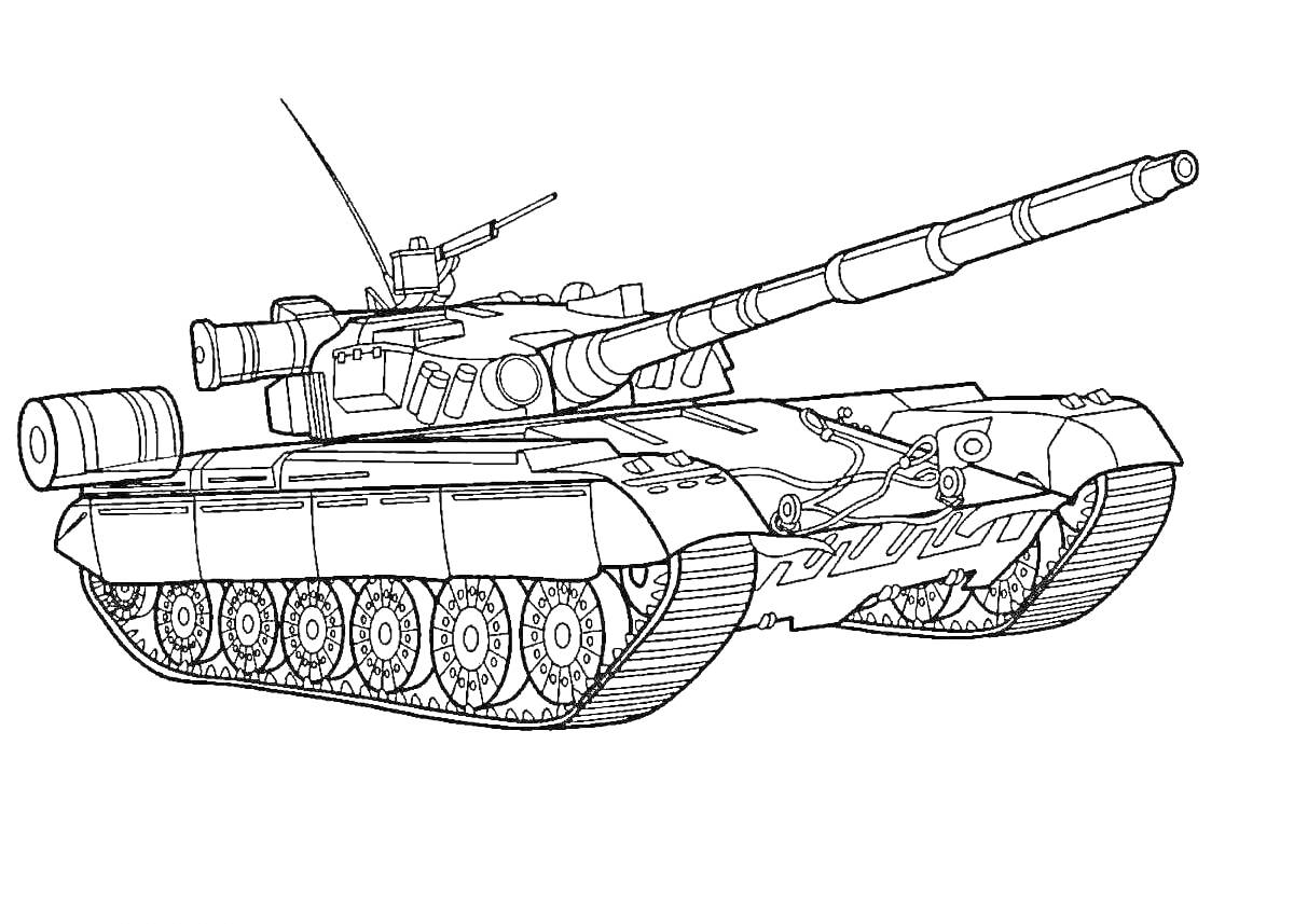 Раскраска танка Т-90 с видимыми элементами корпуса, гусеницами, пушкой, антеннами и другим оборудованием