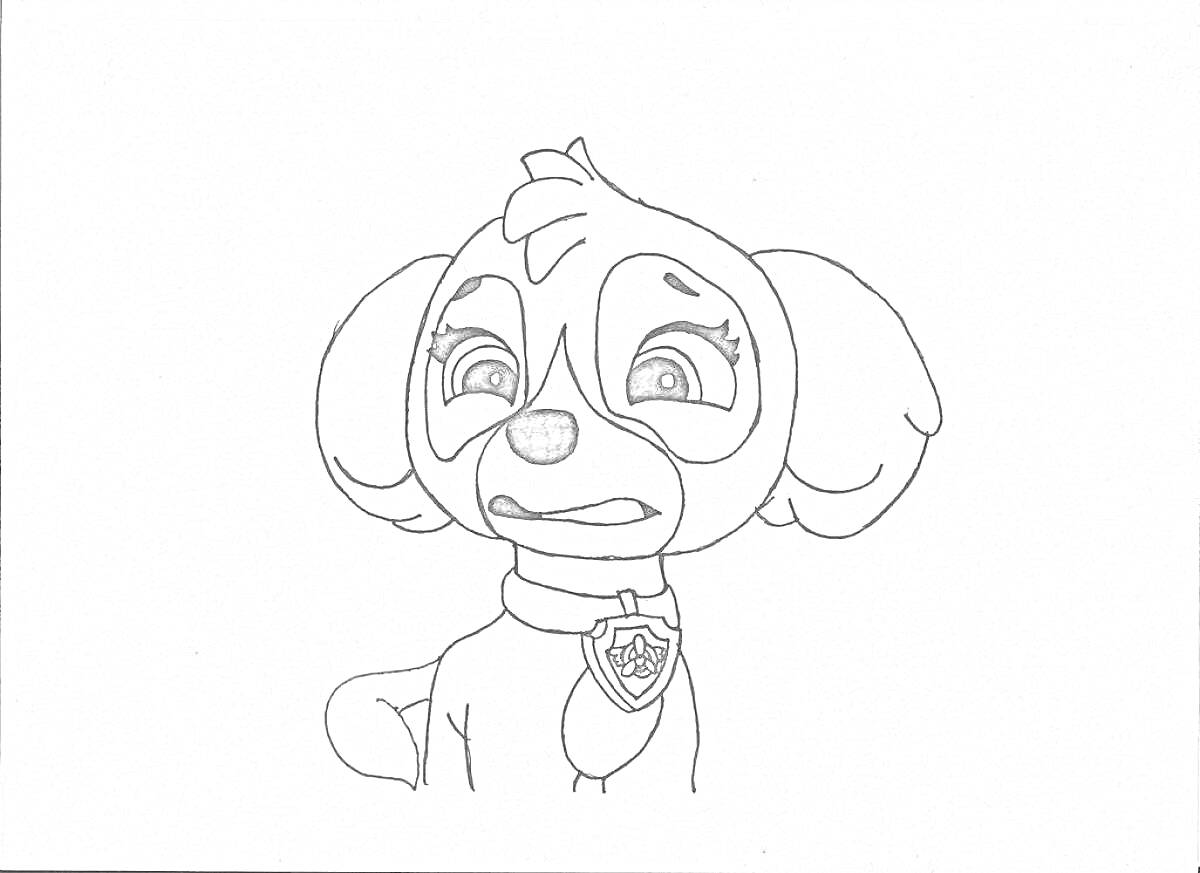 Раскраска Скай из Щенячьего Патруля с ошейником и значком, лицо с выражением волнения