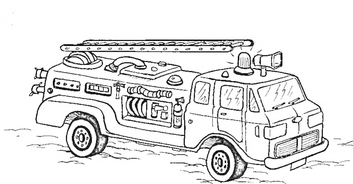 На раскраске изображено: Пожарная машина, Для мальчиков, Лестница, Сирена, Шланг, Пожарная служба