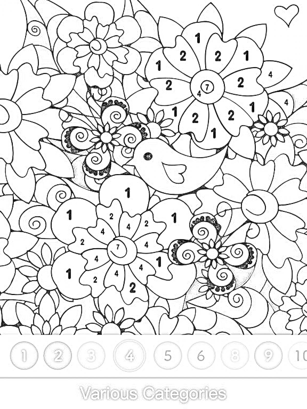 Раскраска Рисунок с птицей и цветами для раскраски по номерам