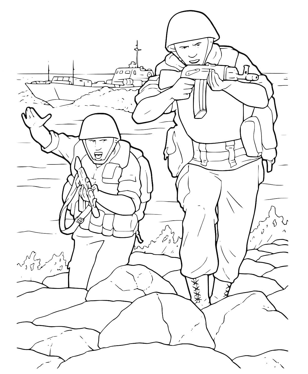 Раскраска Солдаты в боевой операции на фоне корабля