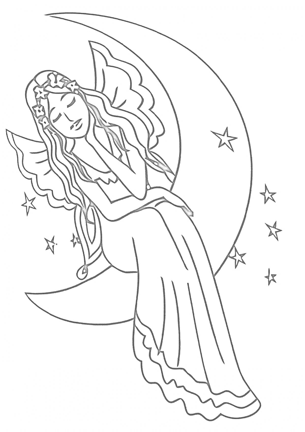 Раскраска Волшебница с крыльями на полумесяце и звёзды