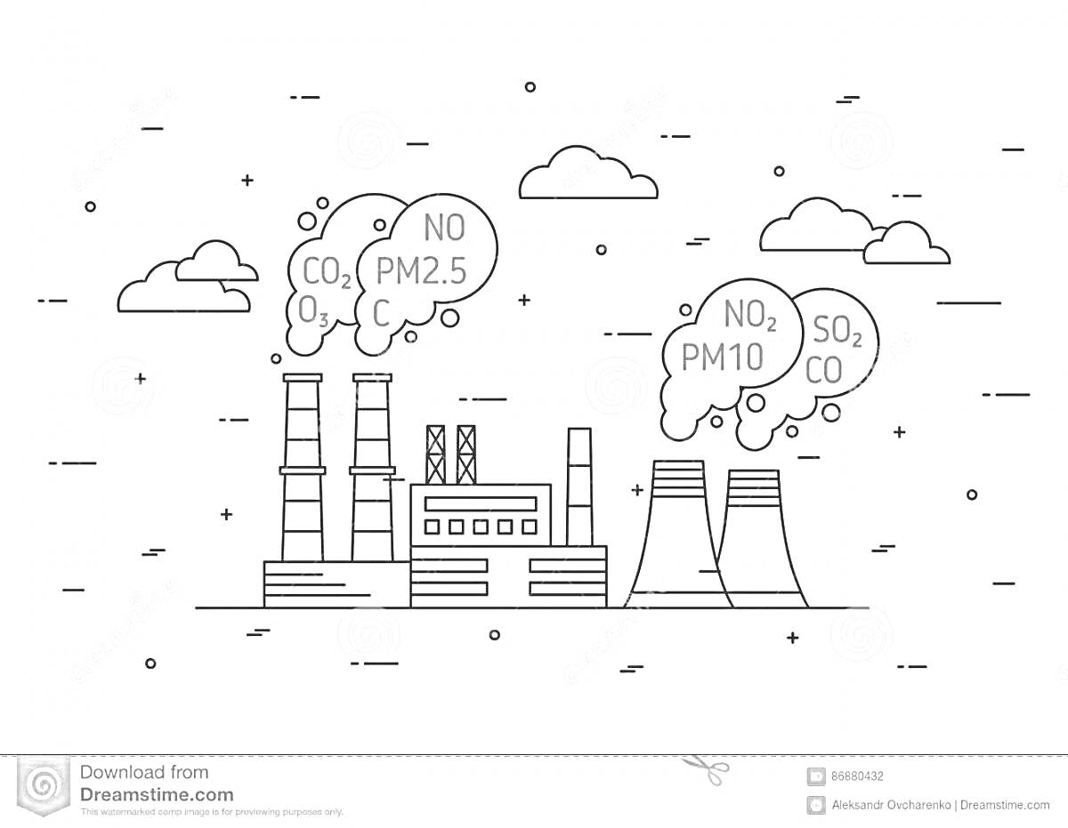 Фабрика с дымящими трубами, выбросы загрязняющих веществ NO2, PM2.5, CO2, PM10, SO2, CO, облака, птицы