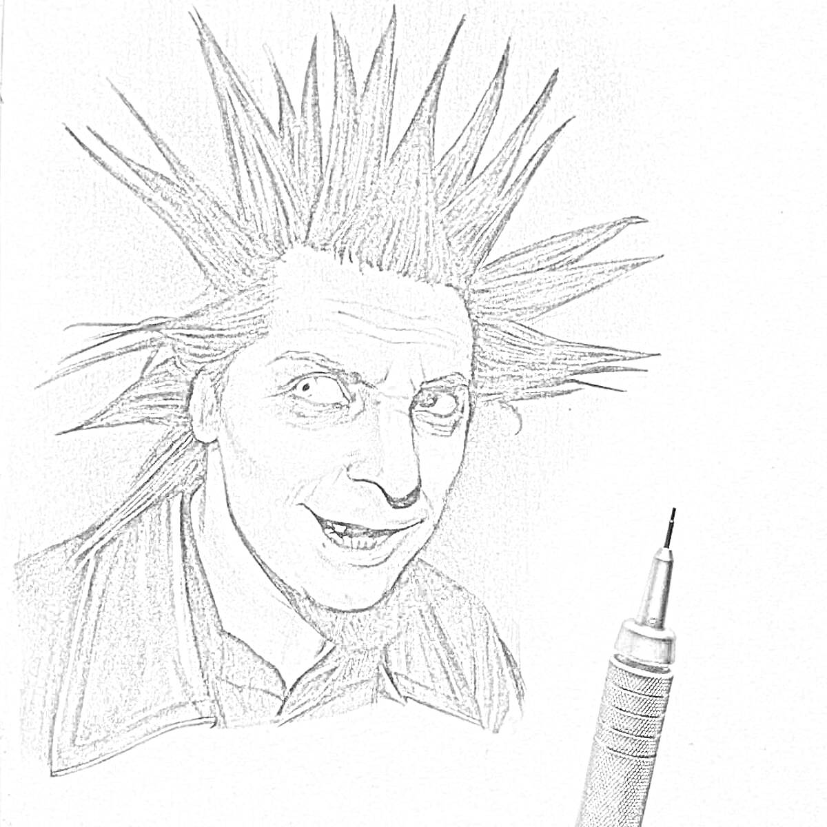 Раскраска Портрет человека с торчащими волосами в стиле панк и ручка для рисования