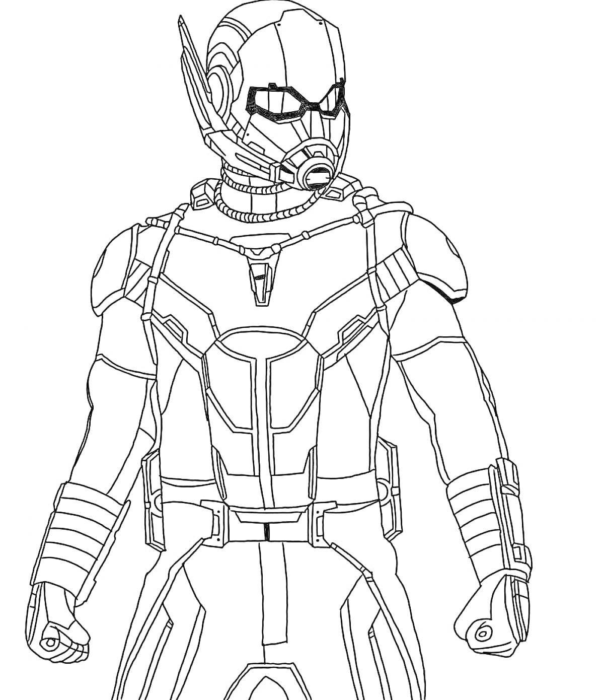 Раскраска Человек муравей в костюме со шлемом и броней в стойке на фоне раскраски