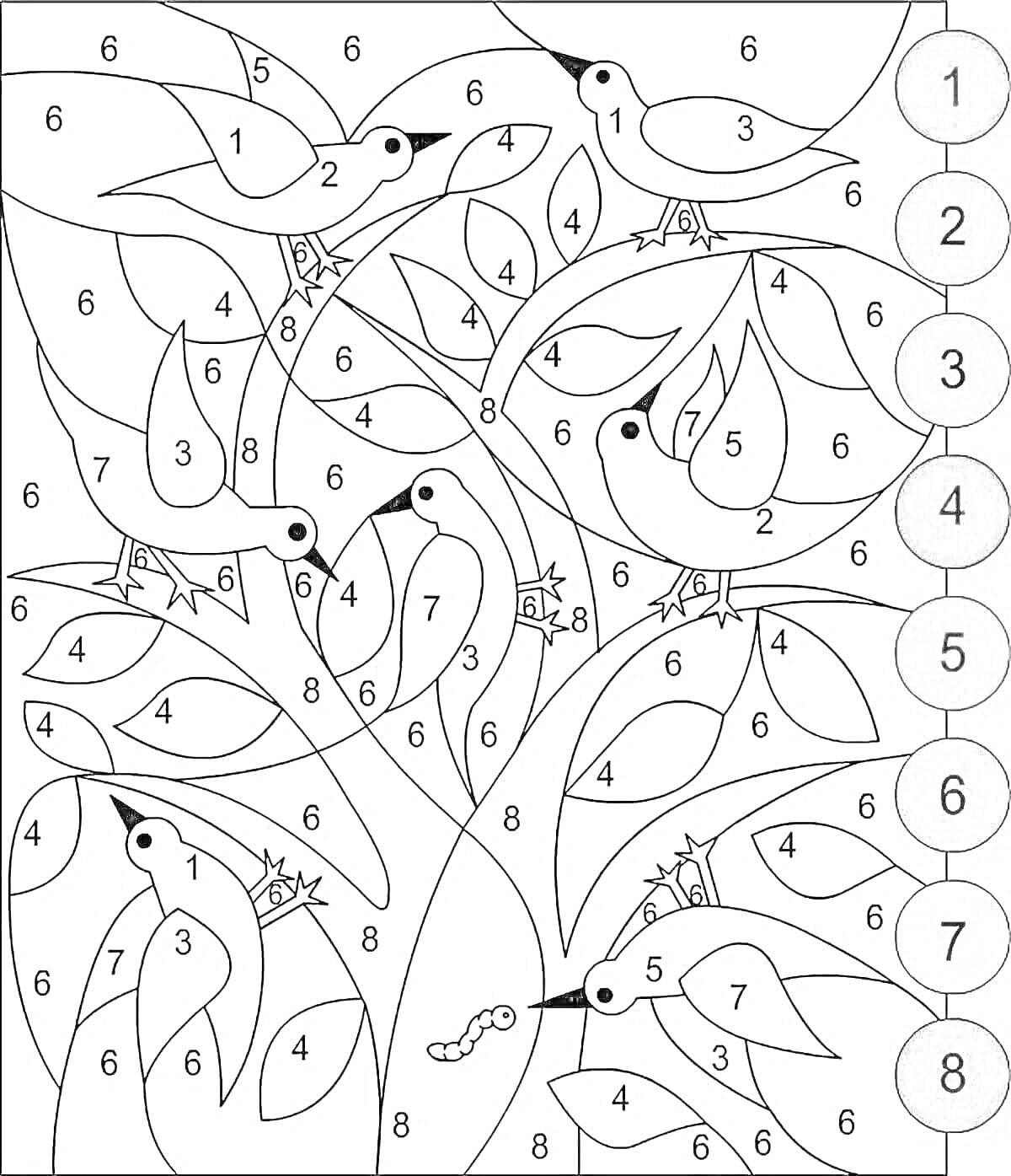 РаскраскаПтицы на дереве с червяком, раскраска по цифрам для 1 класса