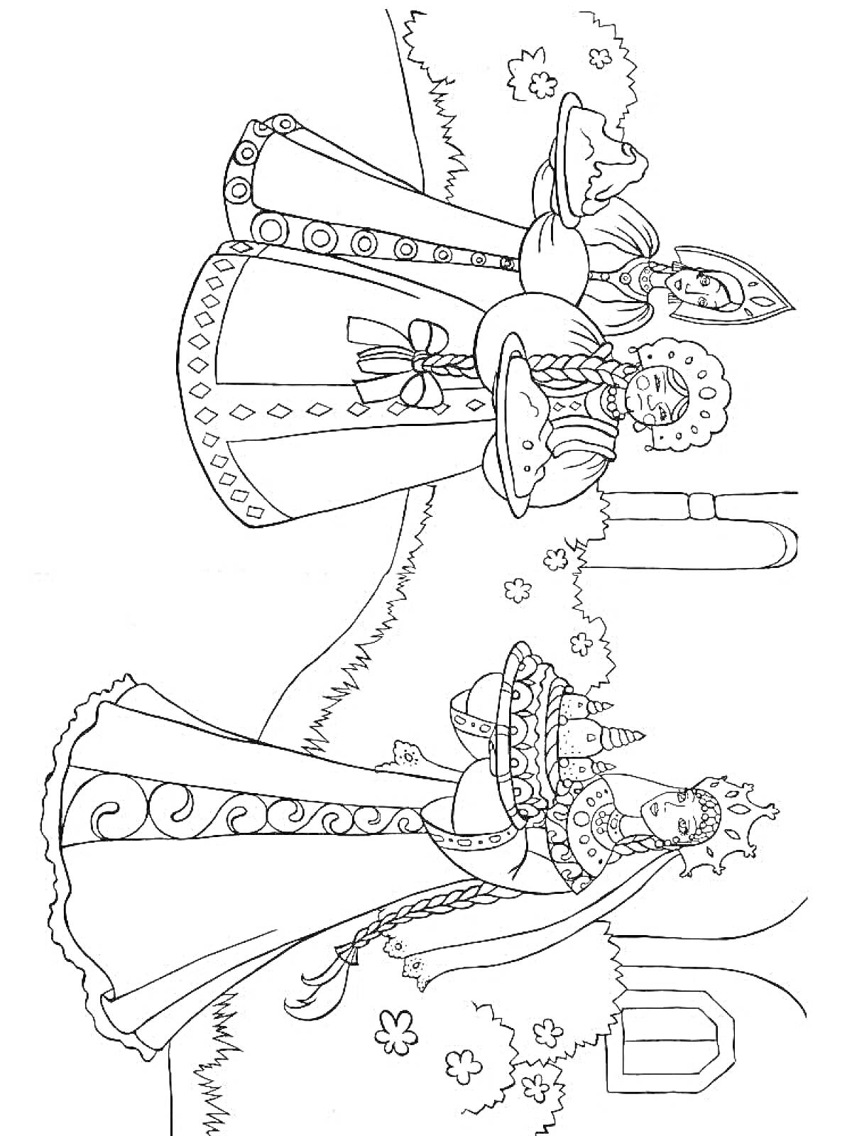 Раскраска Царевны Василисы с пирогами на фоне природы