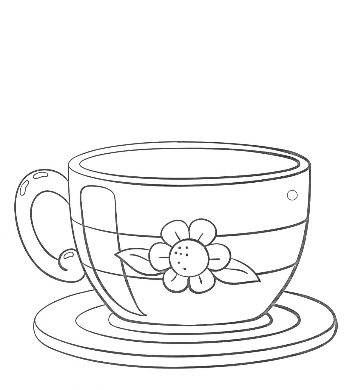 На раскраске изображено: Посуда, Для детей, Чайная чашка, Цветы, Блюдца, Чашки