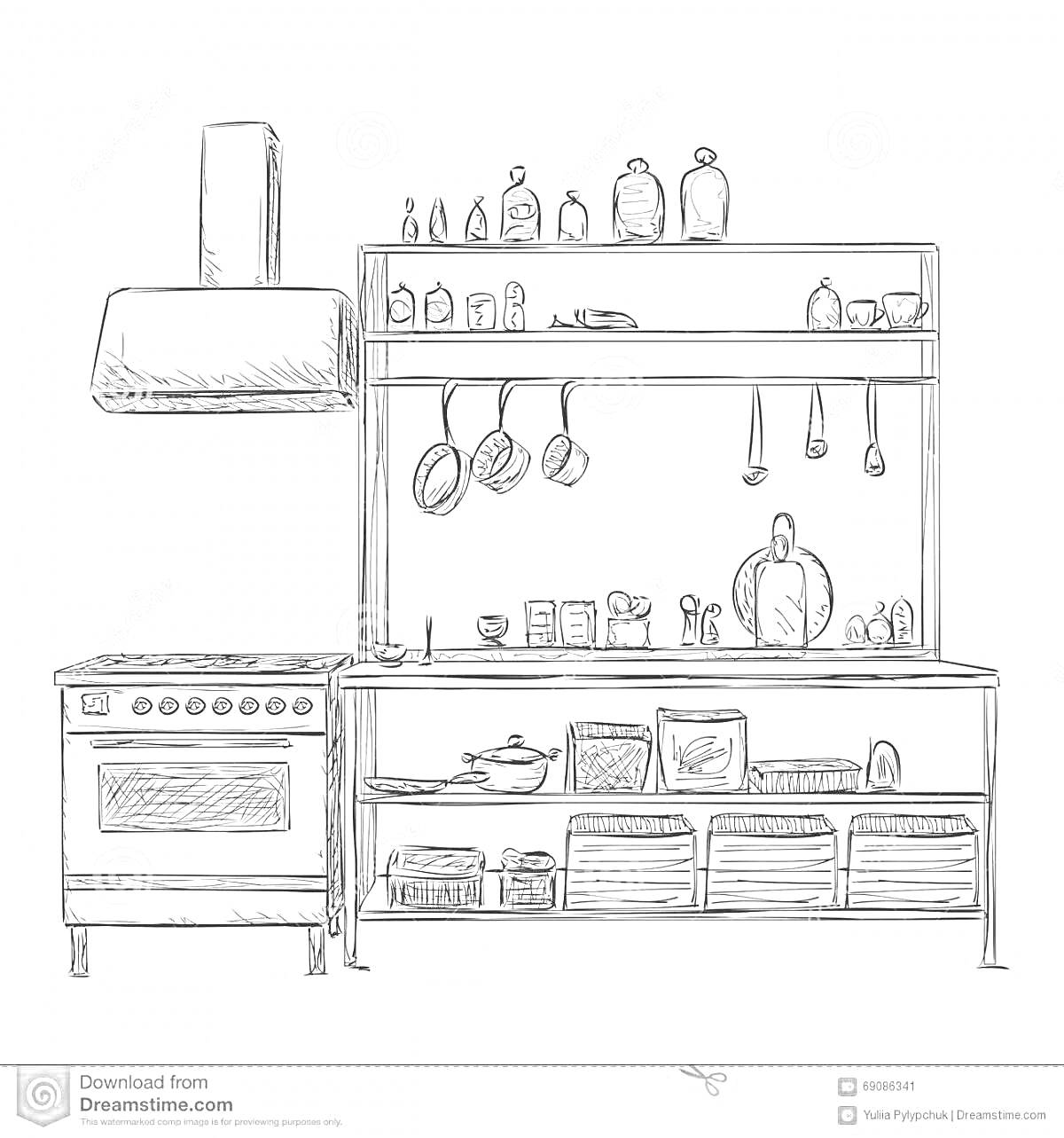 На раскраске изображено: Кухонный шкаф, Посуда, Кастрюли, Вентиляция, Полки, Кухонная утварь