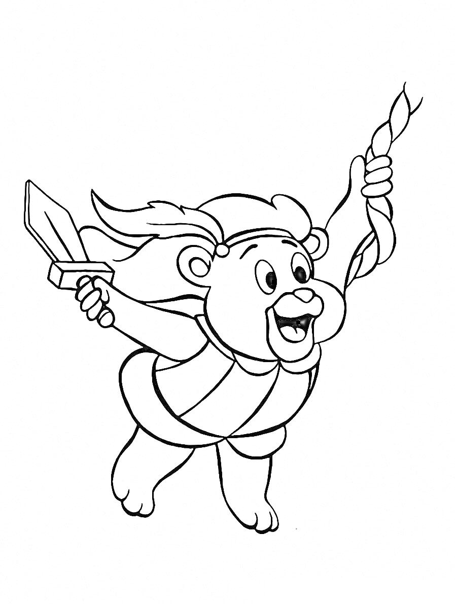 Раскраска Мишка Гамми с мечом, качающийся на веревке