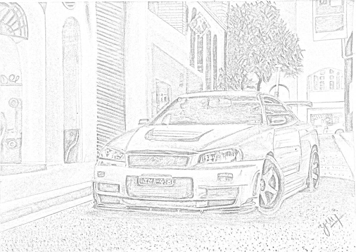 Раскраска Nissan Skyline R34 на городской улице