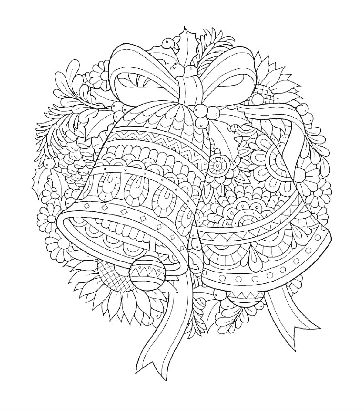 Декоративный колокольчик с бантом и цветами на фоне елочных веток