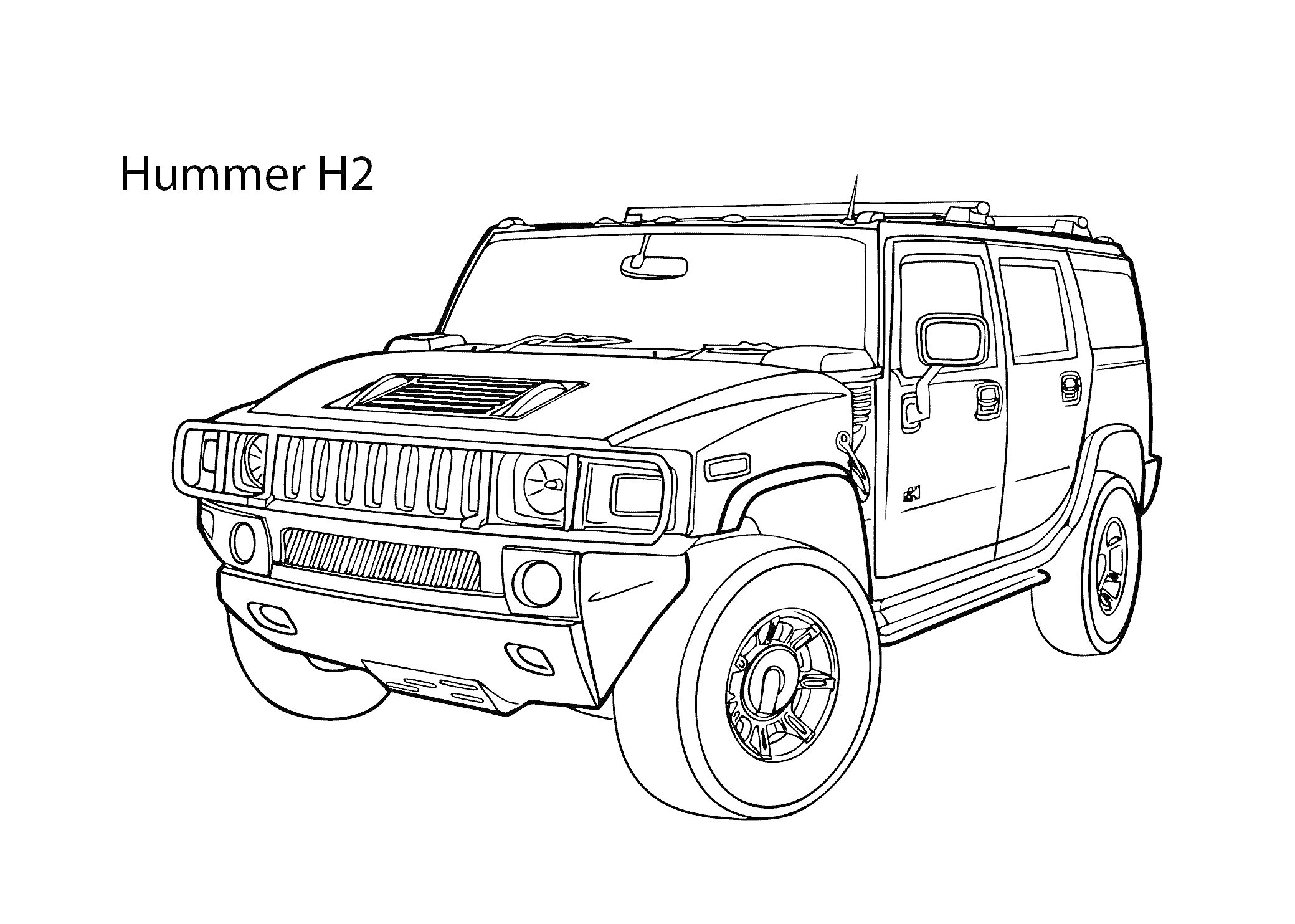 Раскраска Hummer H2 с деталями внешнего вида, включая капот, фары, передний бампер, колеса, двери и боковые зеркала