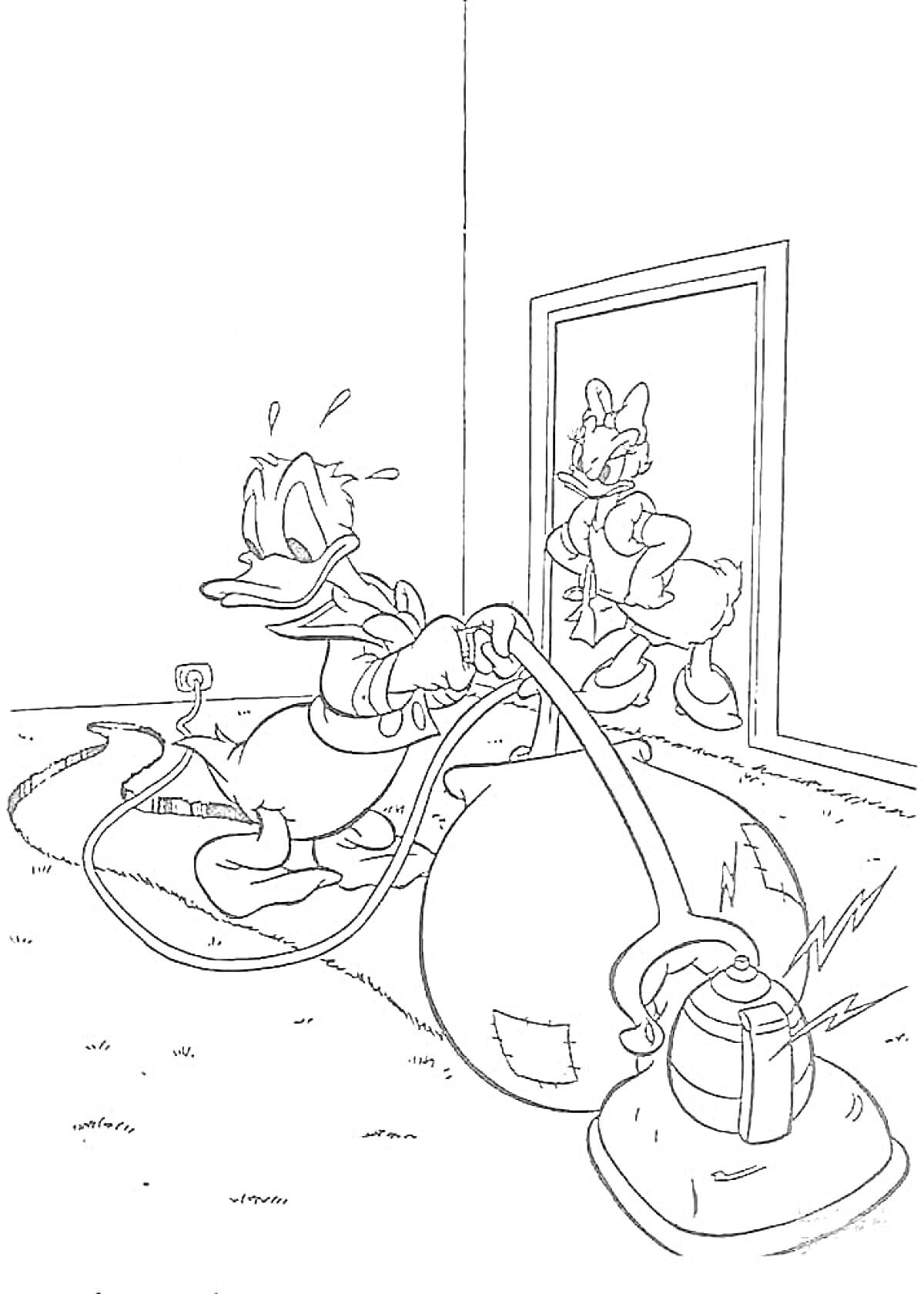 Раскраска Утка с пылесосом и наблюдающая утка в дверном проеме