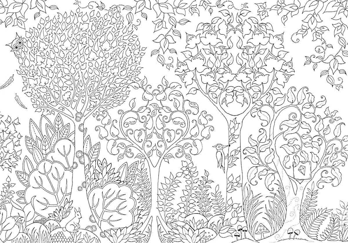 На раскраске изображено: Деревья, Луг, Цветы, Листва, Природа, Лес, Птица, Ветка, Кусты